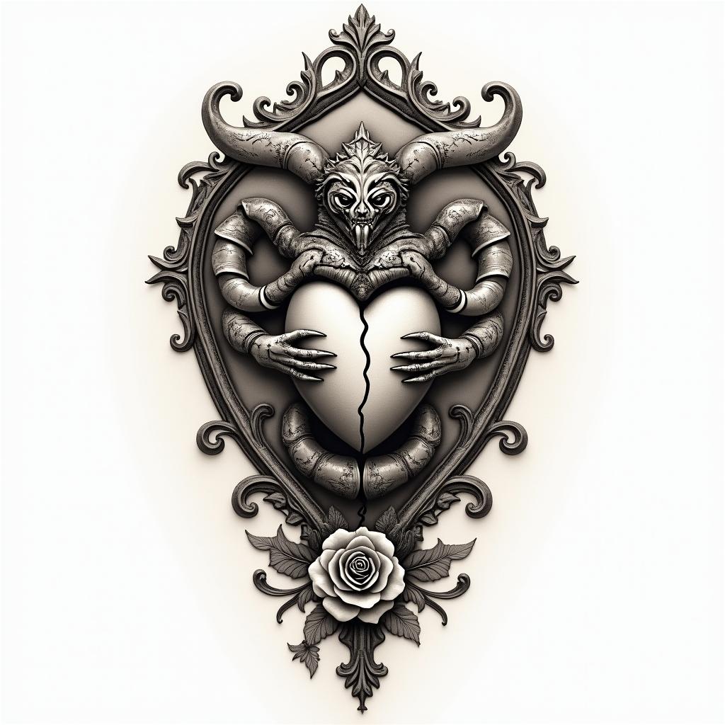 Scorpio with a broken heartin victorian style tattoo, featuring vintage and elegant elements, ornate frames, roses, antique, sepia-toned color scheme - Variation 1
