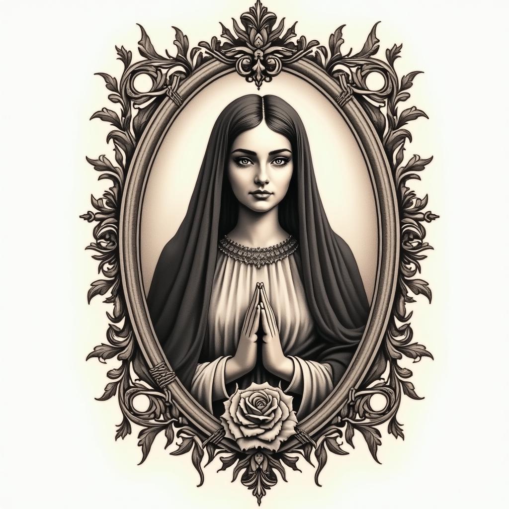 Blessed image the Peacemakersin victorian style tattoo, featuring vintage and elegant elements, ornate frames, roses, antique, sepia-toned color scheme - Variation 4