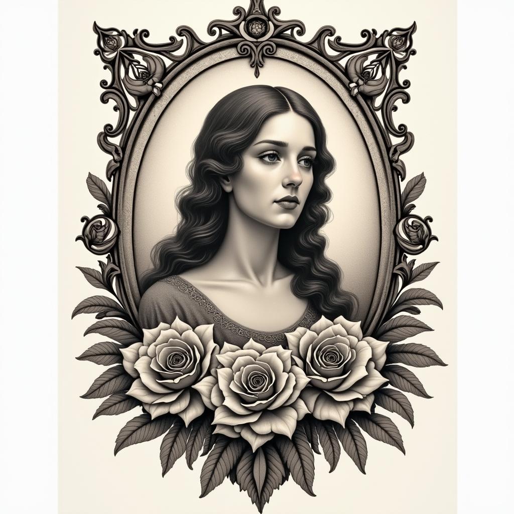 Blessed image the Peacemakersin victorian style tattoo, featuring vintage and elegant elements, ornate frames, roses, antique, sepia-toned color scheme - Variation 2