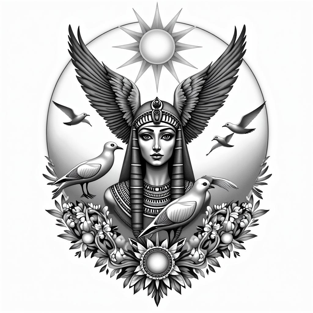 Beach Seagulls Sunin egyptian style tattoo, bold elements of ancient egyptian culture including a portrait of an Egyptian pharaoh with detailed facial features, in hieroglyphs and symbolic imagery, eye of horus, ankh symbol, scarab beetle - Variation 3