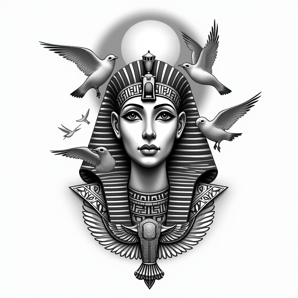 Beach Seagulls Sunin egyptian style tattoo, bold elements of ancient egyptian culture including a portrait of an Egyptian pharaoh with detailed facial features, in hieroglyphs and symbolic imagery, eye of horus, ankh symbol, scarab beetle - Variation 2