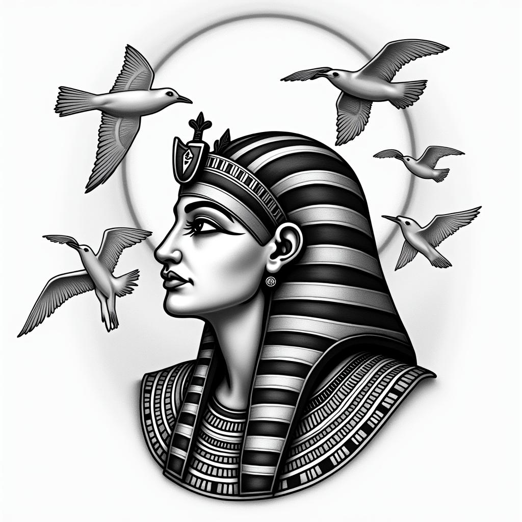 Beach Seagulls Sunin egyptian style tattoo, bold elements of ancient egyptian culture including a portrait of an Egyptian pharaoh with detailed facial features, in hieroglyphs and symbolic imagery, eye of horus, ankh symbol, scarab beetle - Variation 4
