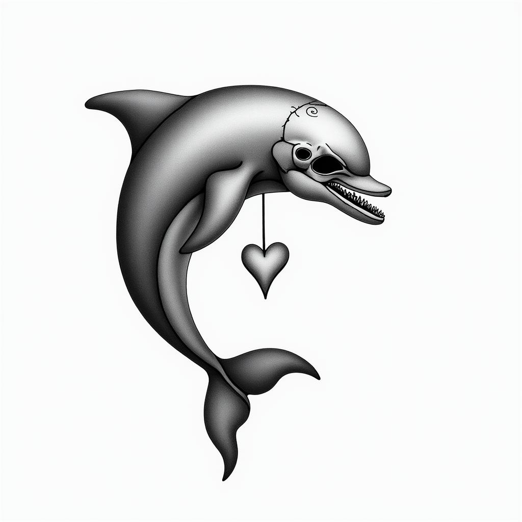 half dolphin half skullin Modest style tattoo, featuring soft, delicate line work with simple and meaningful symbols, gentle waves, a heart, evoking a sense of serenity and grace,