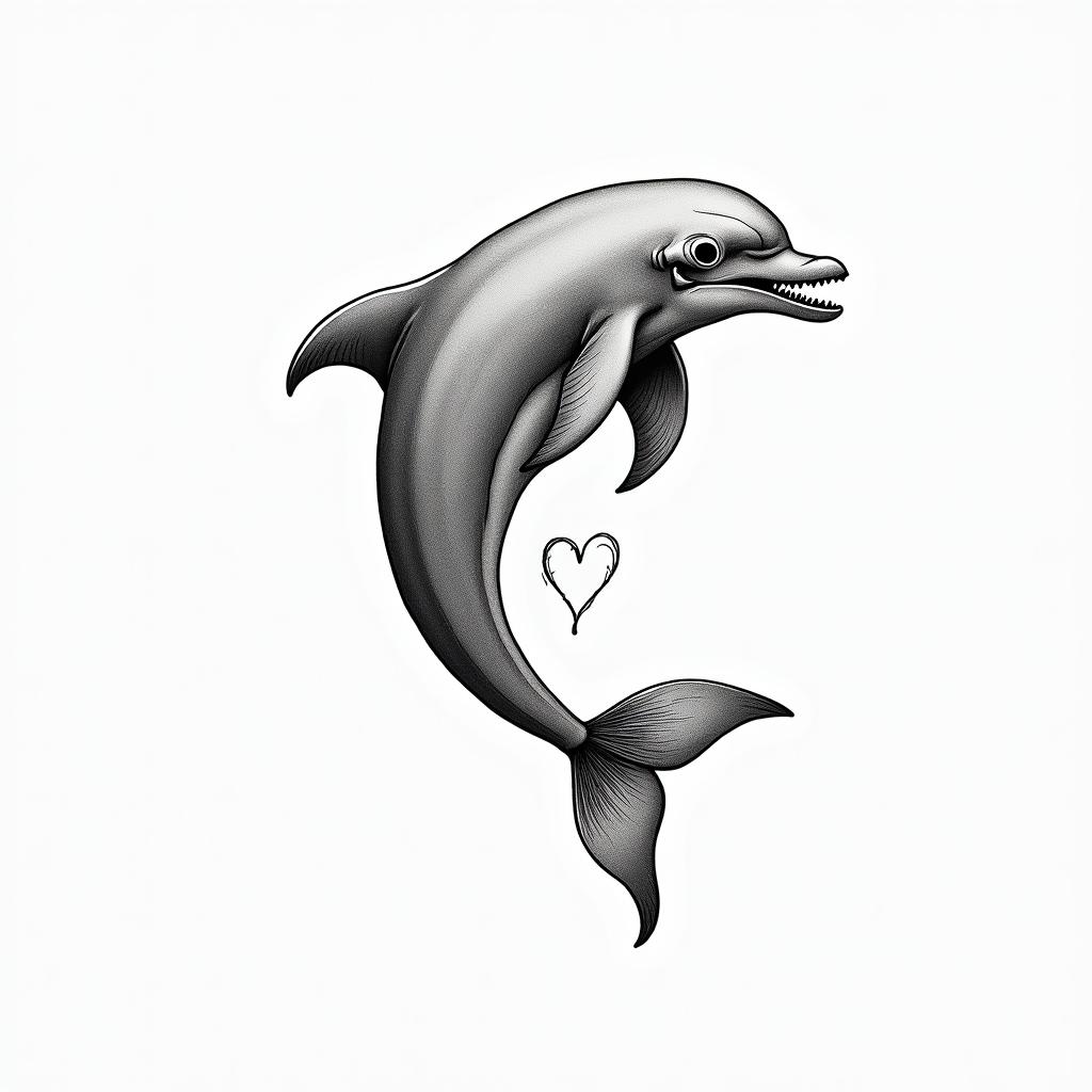 half dolphin half skullin Modest style tattoo, featuring soft, delicate line work with simple and meaningful symbols, gentle waves, a heart, evoking a sense of serenity and grace, - Variation 3