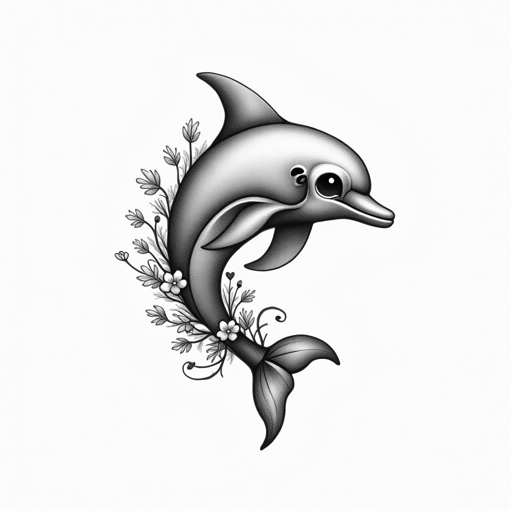 half dolphin half skullin Modest style tattoo, featuring soft, delicate line work with simple and meaningful symbols, gentle waves, a heart, evoking a sense of serenity and grace, - Variation 4