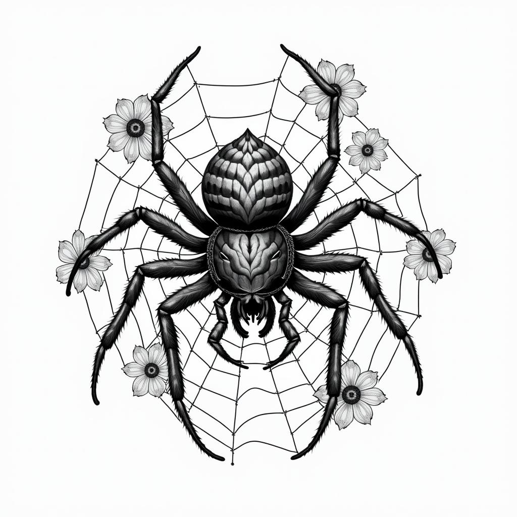 Small spider on web with lots of flowersin japanese style tattoo, detailed tattoo, traditional japanese culture tattoo, mythology, 8k - Variation 66