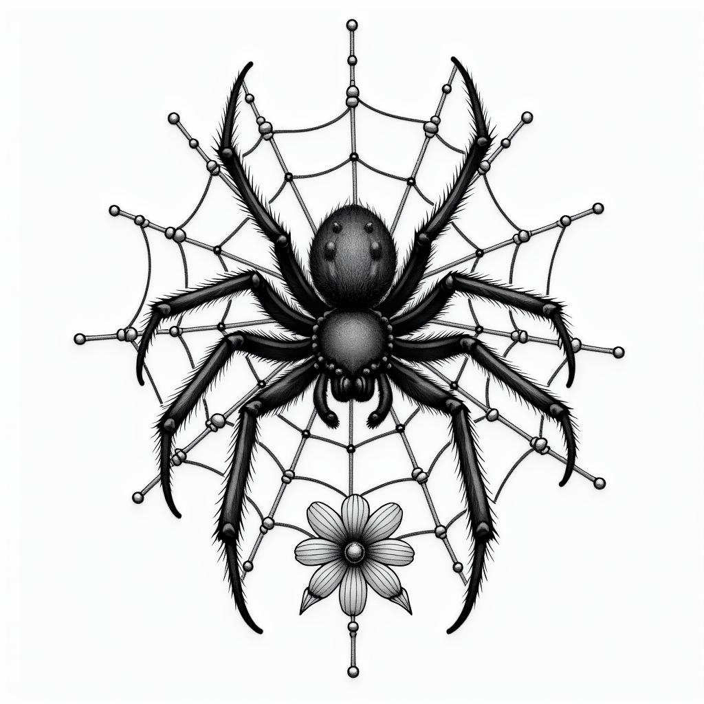 Small spider on web with lots of flowersin japanese style tattoo, detailed tattoo, traditional japanese culture tattoo, mythology, 8k - Variation 63