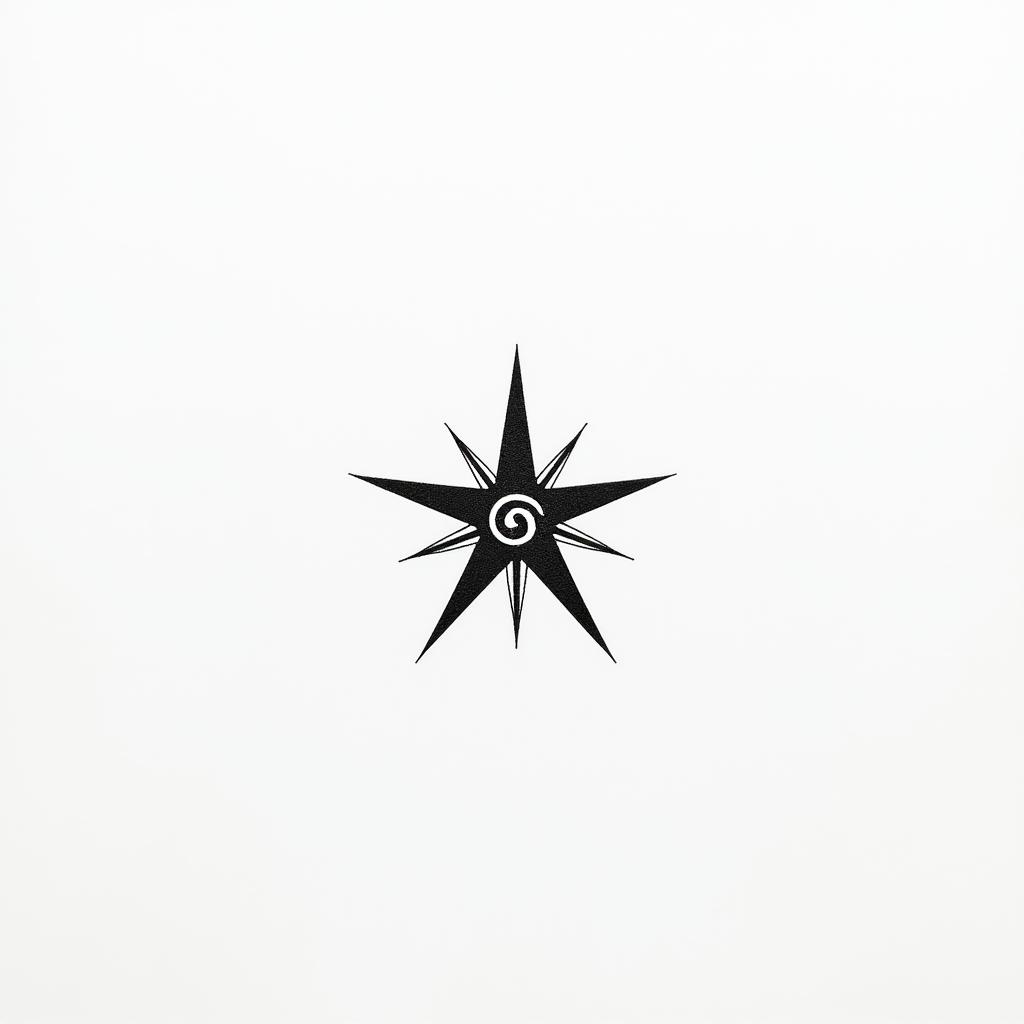 Small fine line star only using one line and a swirl in the middle. Very simplein minimalist style tattoo, featuring simple shapes and fine lines, with minimal shading and details, tiny triangles, creating a sense of balance and harmony - Variation 1