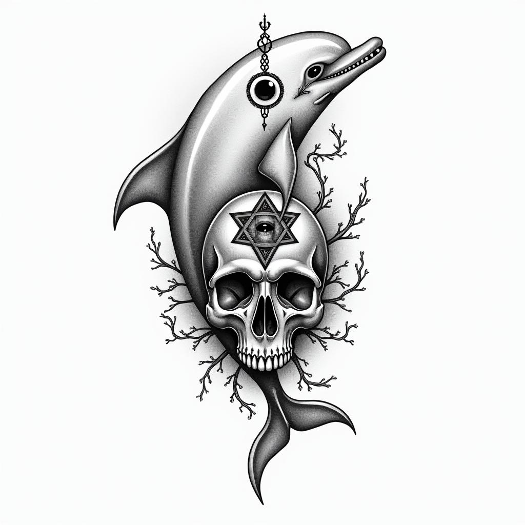 half dolphin half skullin spiritual symbols tattoo style, featuring an intricate design incorporating elements, Hamsa hand, third eye, minimalist composition - Variation 4