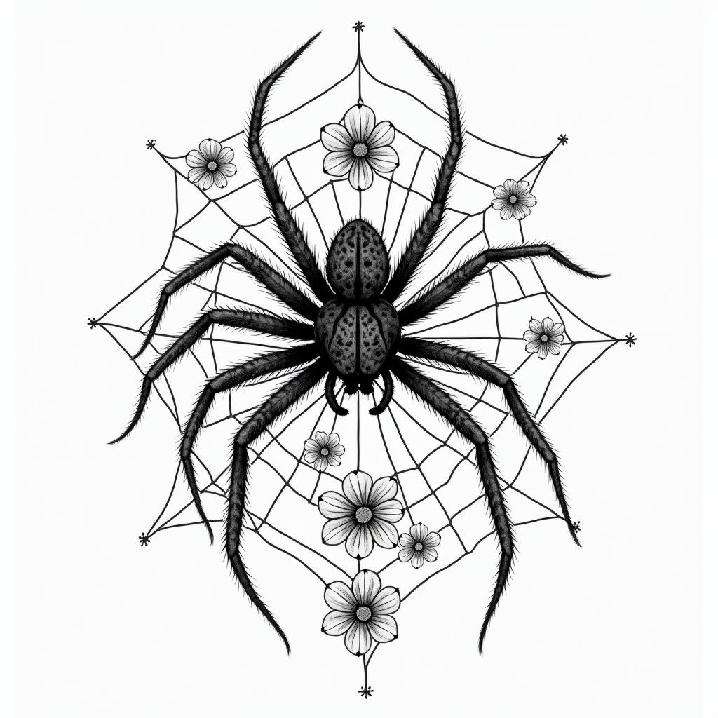 Small spider on web with lots of flowersin japanese style tattoo, detailed tattoo, traditional japanese culture tattoo, mythology, 8k - Variation 59