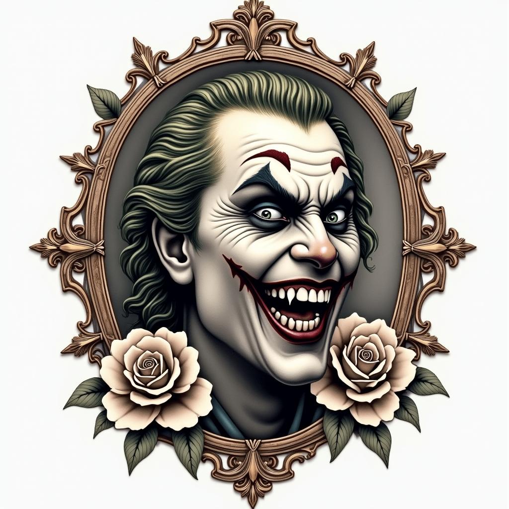 The Joker with a menacing smilein victorian style tattoo, featuring vintage and elegant elements, ornate frames, roses, antique, sepia-toned color scheme - Variation 1