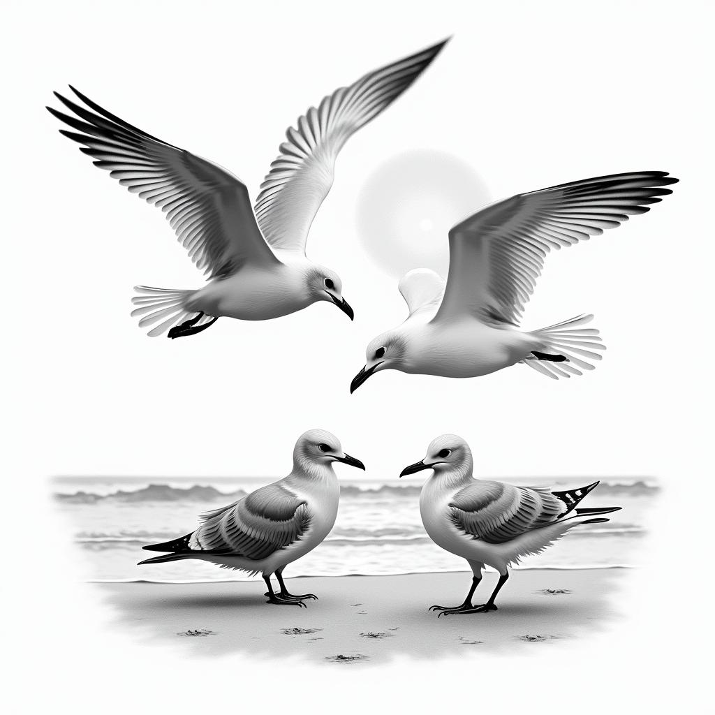 Beach seagulls sunin realism tattoo style, featuring a highly detailed, lifelike, capturing every detail, photorealistic, ultra realistic, intricate shading, smooth and sharp,   - Variation 4