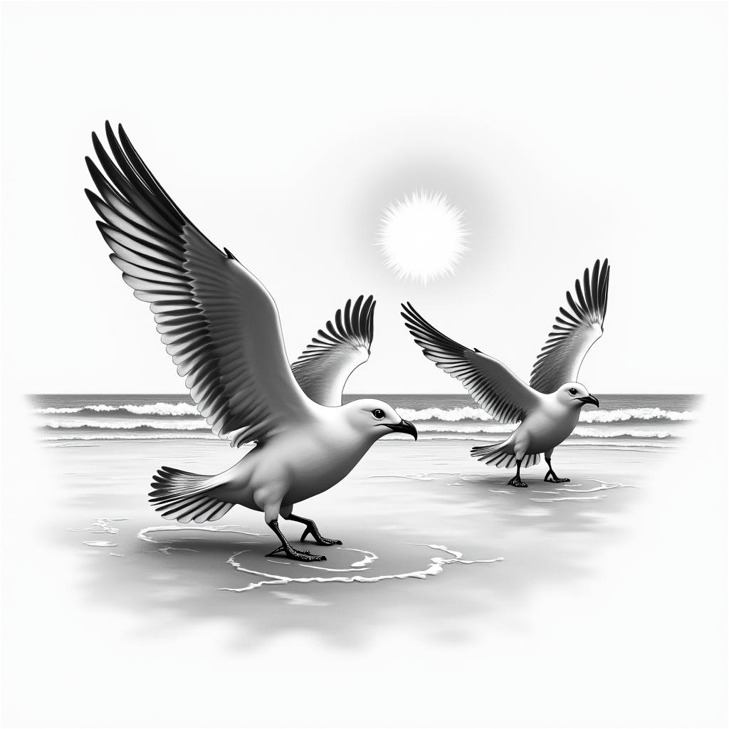 Beach seagulls sunin realism tattoo style, featuring a highly detailed, lifelike, capturing every detail, photorealistic, ultra realistic, intricate shading, smooth and sharp,   - Variation 3