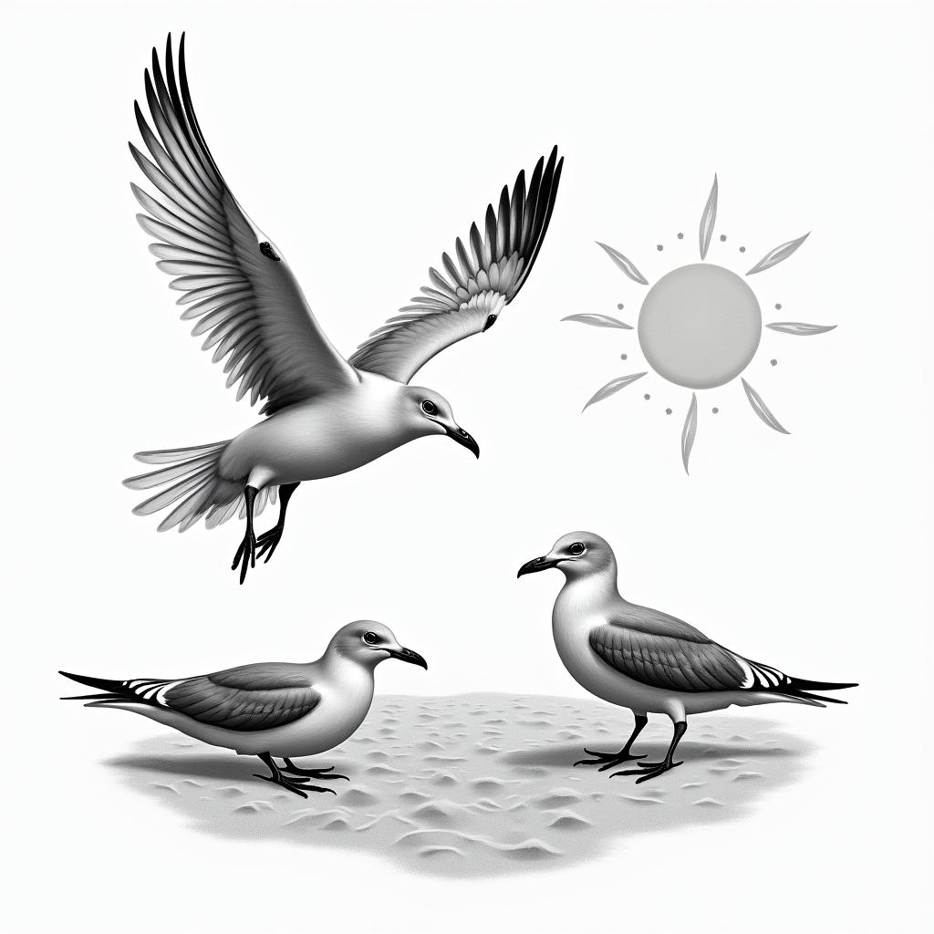 Beach seagulls sunin realism tattoo style, featuring a highly detailed, lifelike, capturing every detail, photorealistic, ultra realistic, intricate shading, smooth and sharp,   - Variation 2