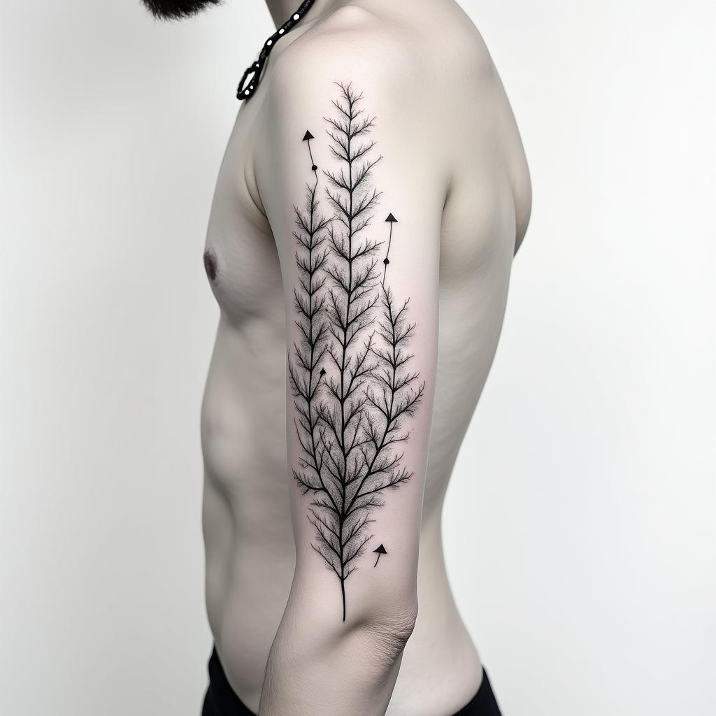 Half sleeve tattoo, vines with smokein minimalist style tattoo, featuring simple shapes and fine lines, with minimal shading and details, tiny triangles, creating a sense of balance and harmony - Variation 3