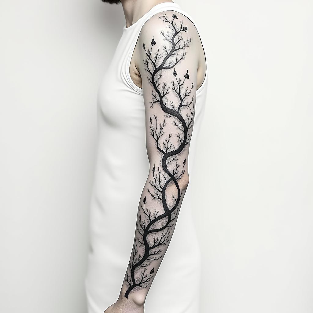 Half sleeve tattoo, vines with smokein minimalist style tattoo, featuring simple shapes and fine lines, with minimal shading and details, tiny triangles, creating a sense of balance and harmony - Variation 1