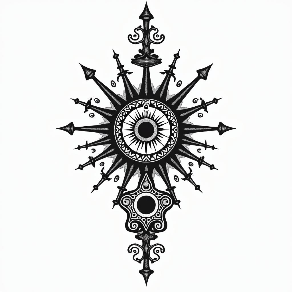 Karla, Aries, Mexicanin spiritual symbols tattoo style, featuring an intricate design incorporating elements, Hamsa hand, third eye, minimalist composition