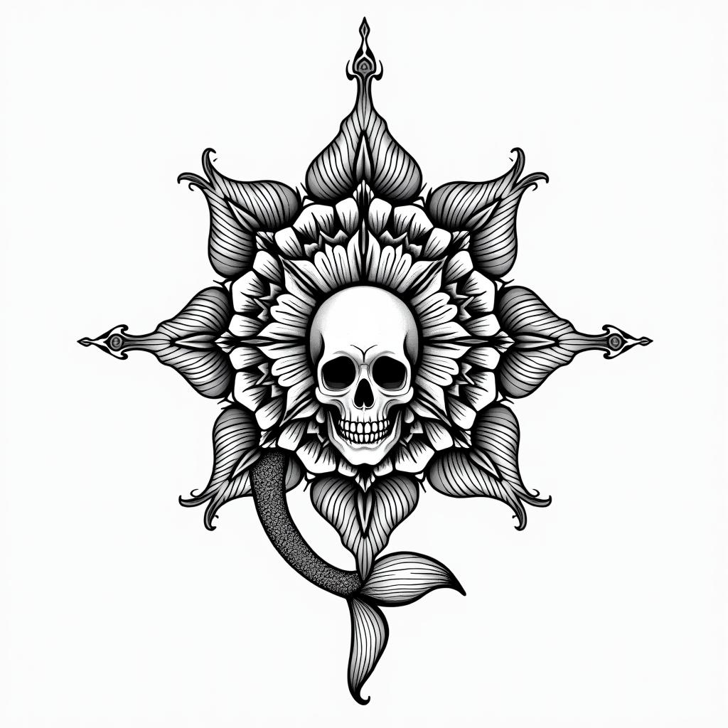 half dolphin half skullin dotwork style tattoo, complex mandala patterns, interlocking geometric shapes with sharp symmetry, clean lines, sharp angles - Variation 2