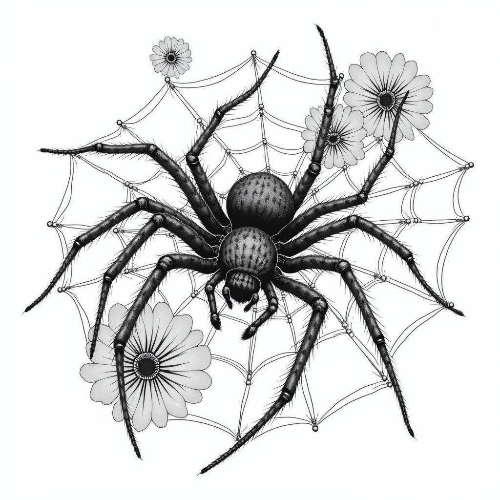 Small spider on web with lots of flowersin japanese style tattoo, detailed tattoo, traditional japanese culture tattoo, mythology, 8k - Variation 51