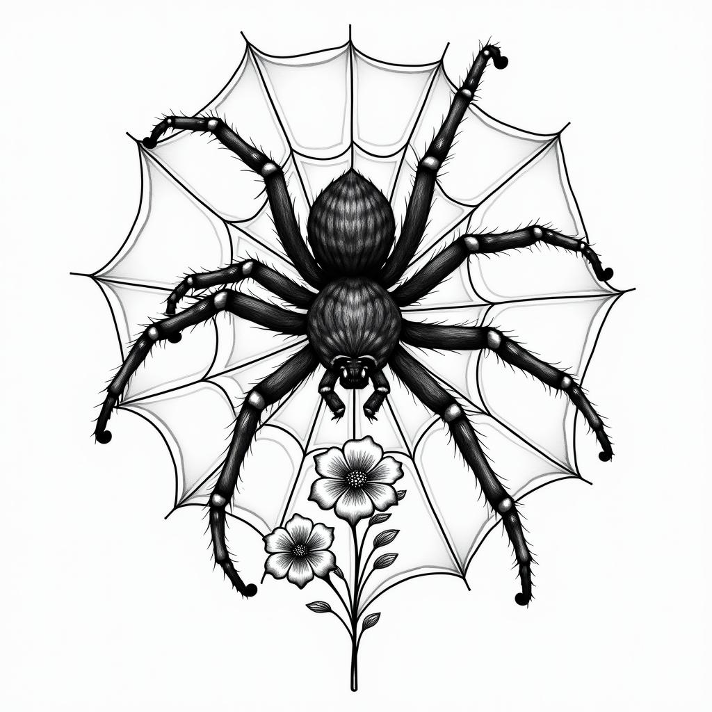 Small spider on web with lots of flowersin japanese style tattoo, detailed tattoo, traditional japanese culture tattoo, mythology, 8k - Variation 49
