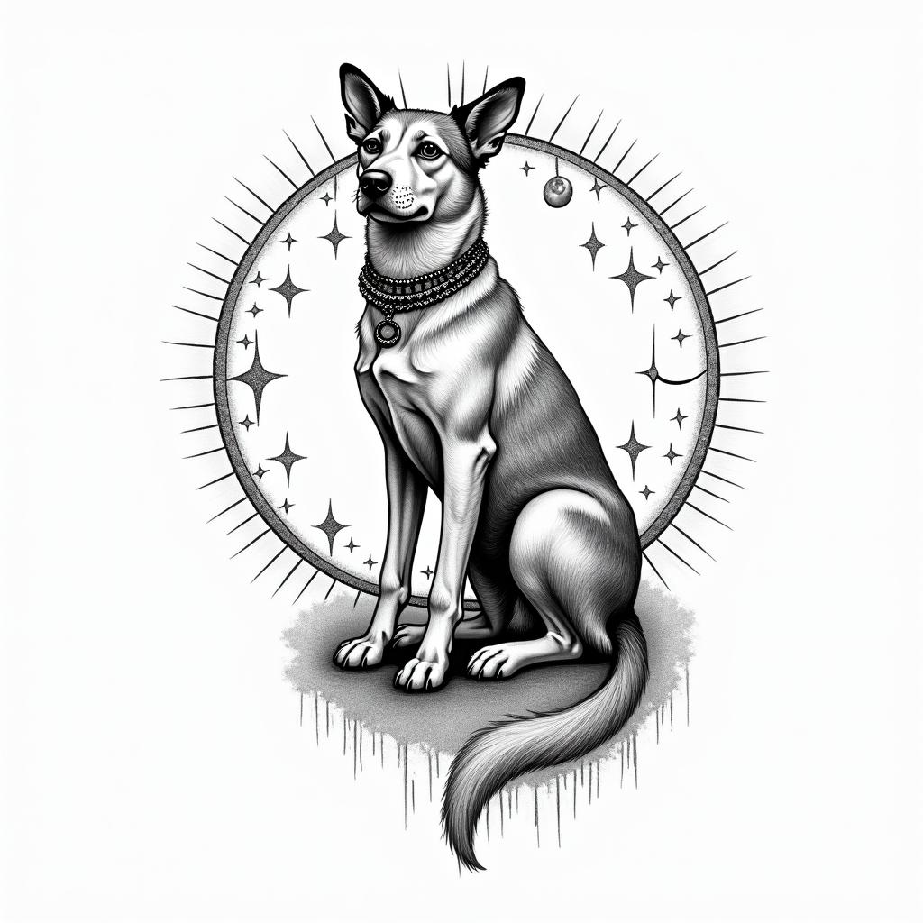 Libra dog sun moon starsin bohemian style tattoo, 8k - Variation 2