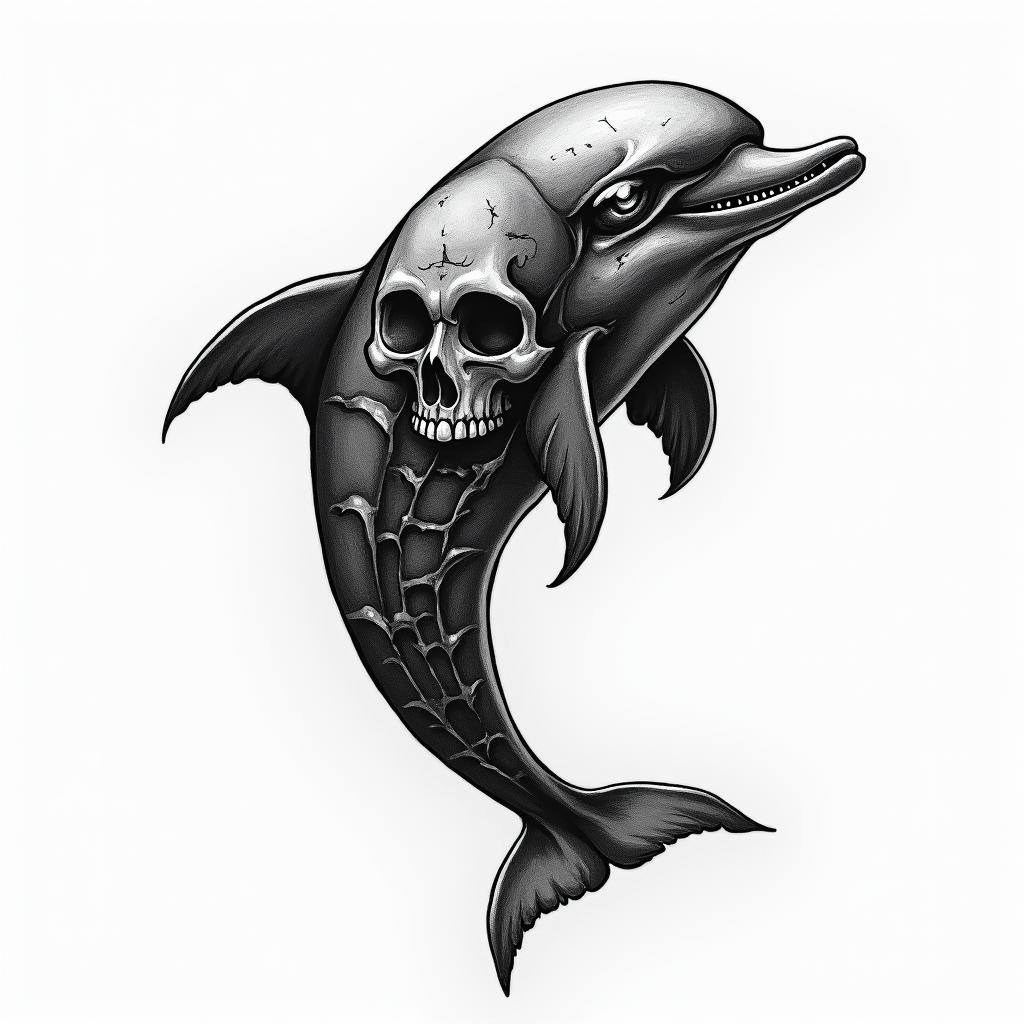 half dolphin half skull in horror tattoo style, showcasing haunting and unsettling, dark and gritty textures with skulls, eerie faces, jgged designs, bold and intense shading - Variation 2