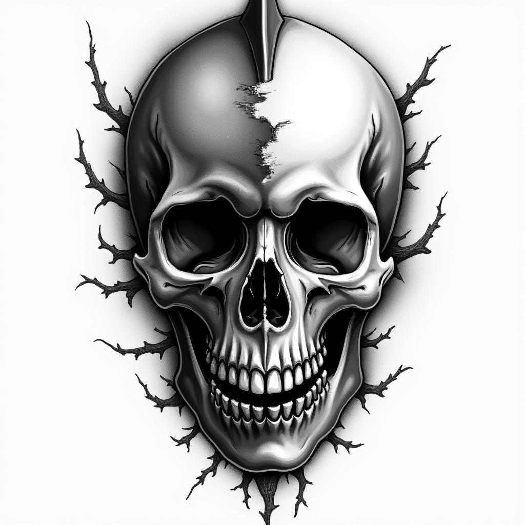 half dolphin half skull in horror tattoo style, showcasing haunting and unsettling, dark and gritty textures with skulls, eerie faces, jgged designs, bold and intense shading - Variation 4