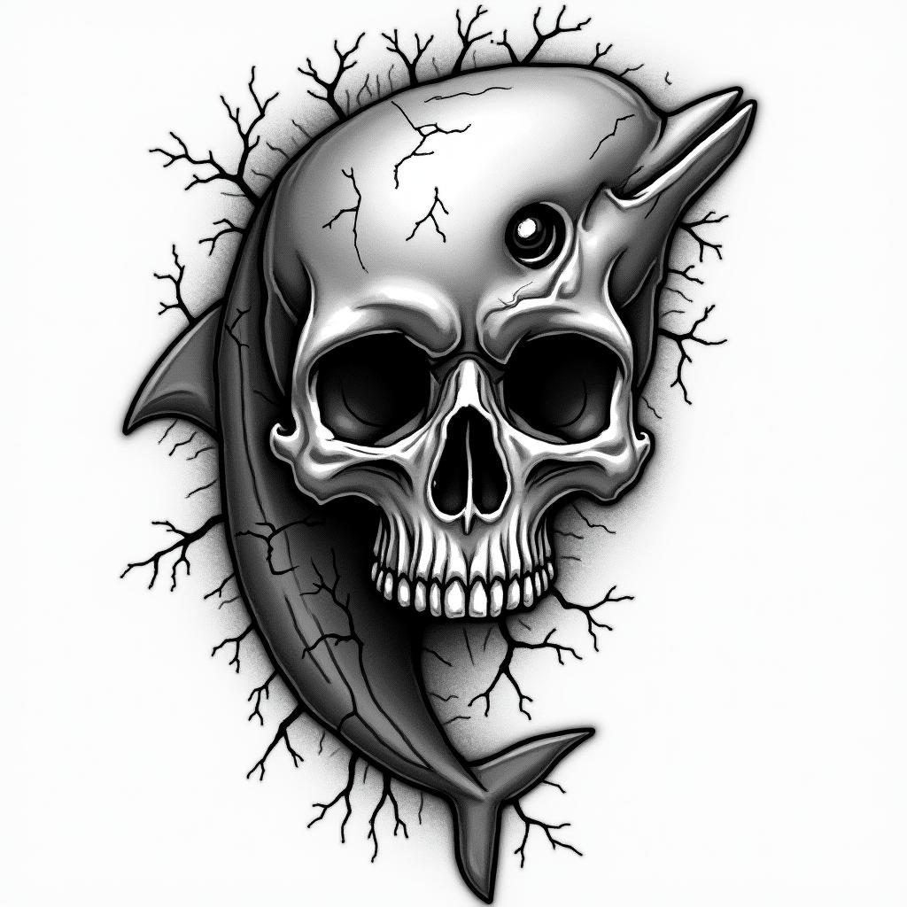half dolphin half skull in horror tattoo style, showcasing haunting and unsettling, dark and gritty textures with skulls, eerie faces, jgged designs, bold and intense shading - Variation 3