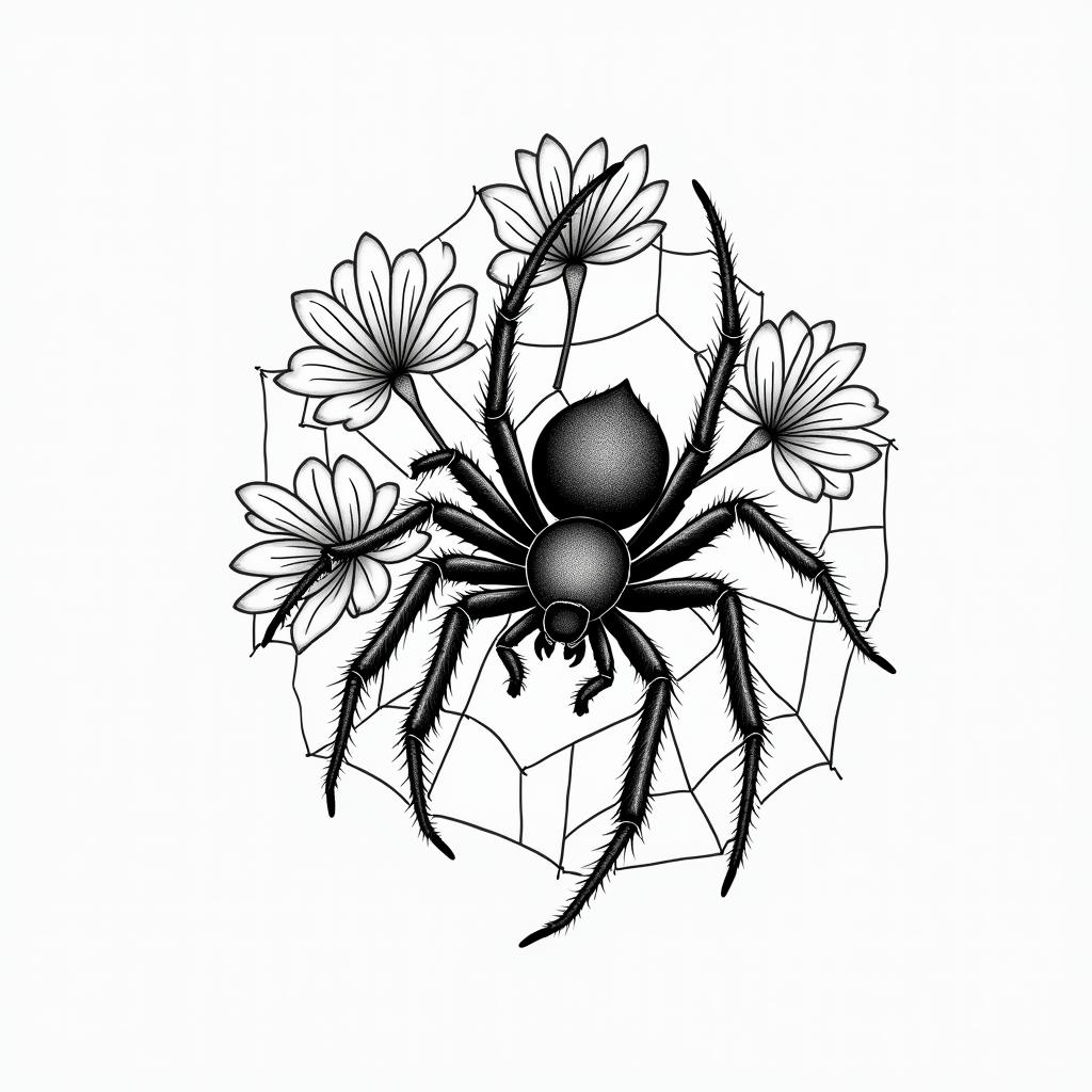 Small spider on web with lots of flowersin japanese style tattoo, detailed tattoo, traditional japanese culture tattoo, mythology, 8k - Variation 46
