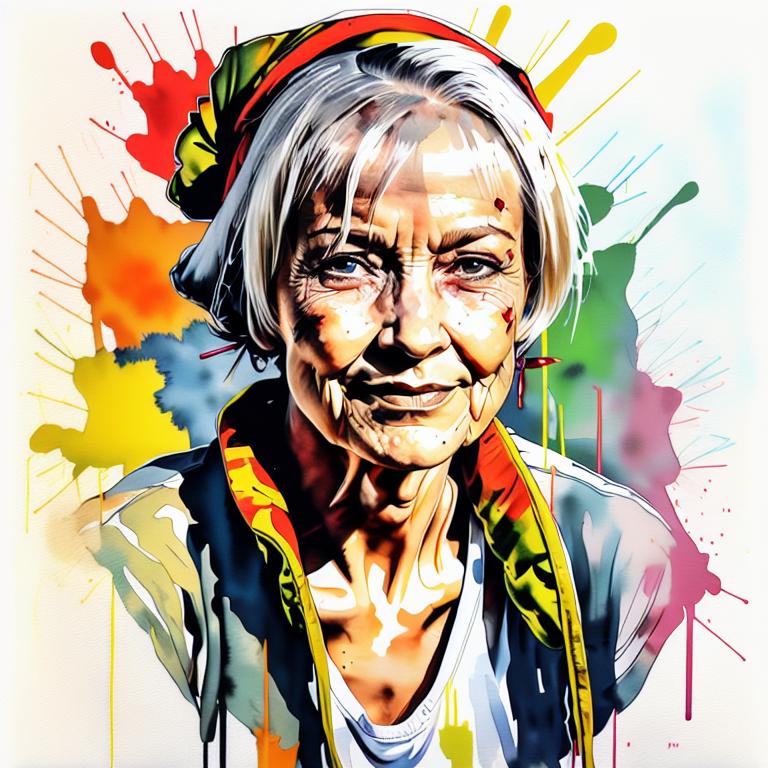  vibrant watercolor portrait with graffiti style face, fully white background, ,face with soft blending of warm and cool tones (orange, yellow, green),using shades of colors, contrast between light and shadow on the face, Bold color splashes and abstract drips in the background for a dynamic, artistic vibe, highly detailed tattoo, fully white background , dskinkpunkundefined - Variation 72