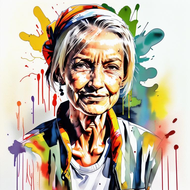  vibrant watercolor portrait with graffiti style face, fully white background, ,face with soft blending of warm and cool tones (orange, yellow, green),using shades of colors, contrast between light and shadow on the face, Bold color splashes and abstract drips in the background for a dynamic, artistic vibe, highly detailed tattoo, fully white background , dskinkpunkundefined - Variation 71