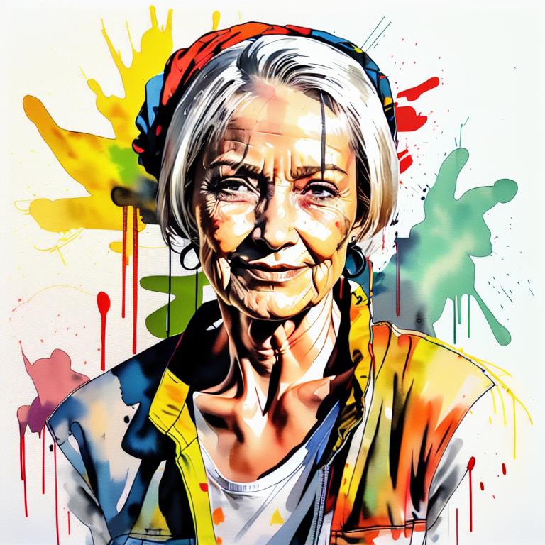  vibrant watercolor portrait with graffiti style face, fully white background, ,face with soft blending of warm and cool tones (orange, yellow, green),using shades of colors, contrast between light and shadow on the face, Bold color splashes and abstract drips in the background for a dynamic, artistic vibe, highly detailed tattoo, fully white background , dskinkpunkundefined - Variation 69