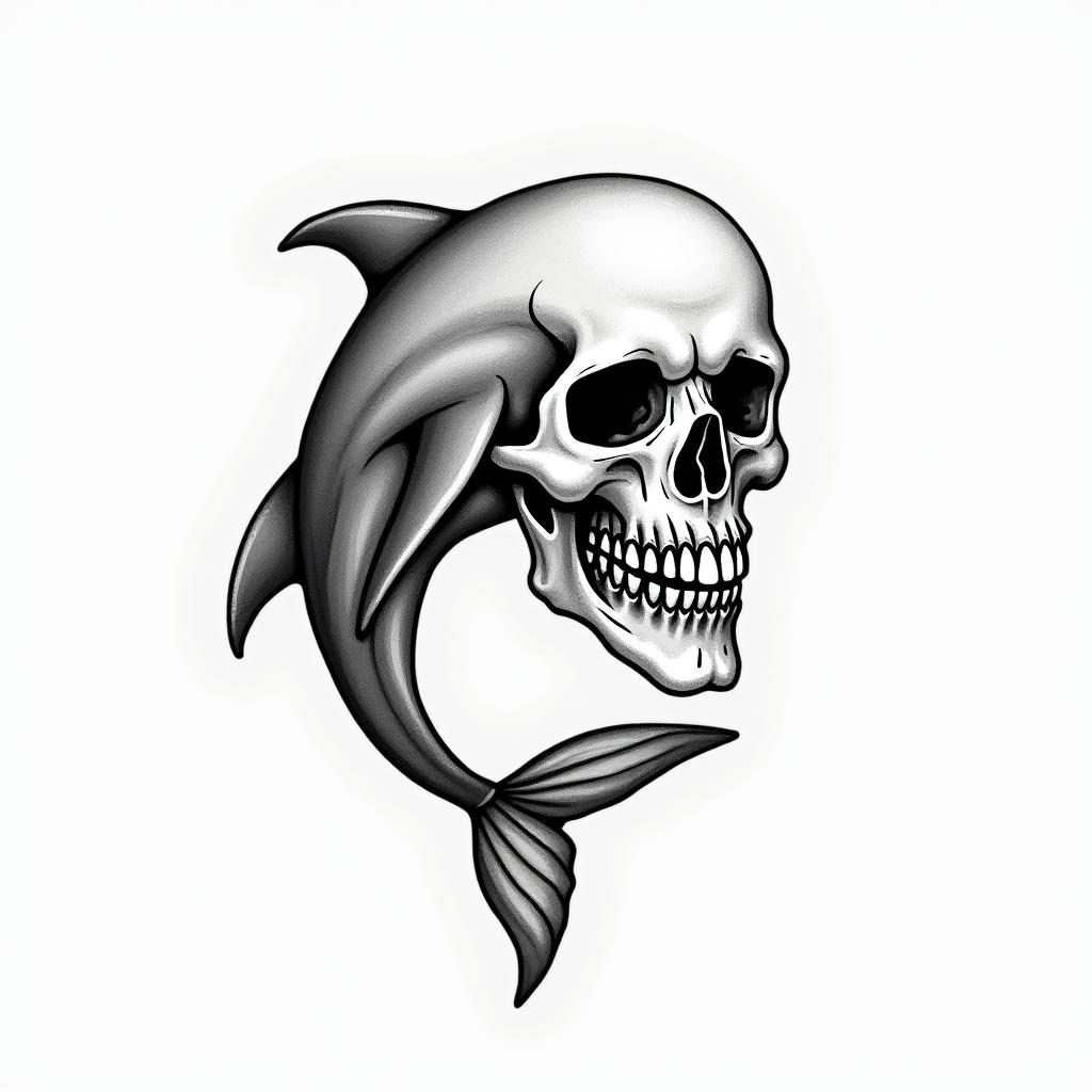 half dolphin half skullin new school tattoo, pop culture, modern, detailed tattoo, illustrative