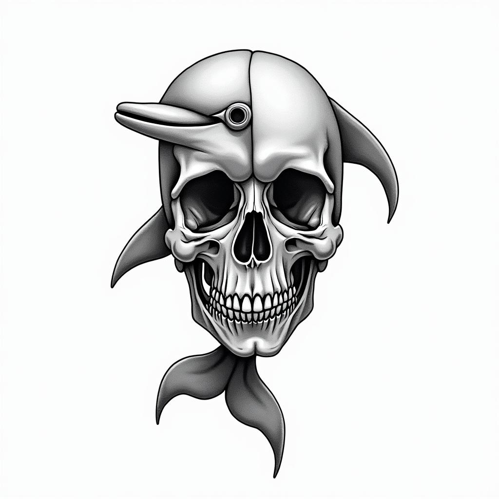 half dolphin half skullin new school tattoo, pop culture, modern, detailed tattoo, illustrative - Variation 2