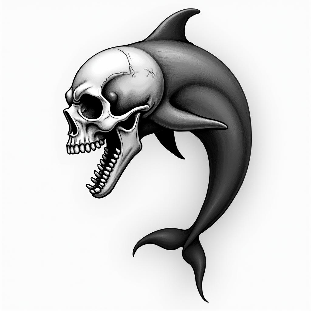 half dolphin half skullin portrait tattoo style, featuring a highly realistic and detailed depiction  - Variation 3