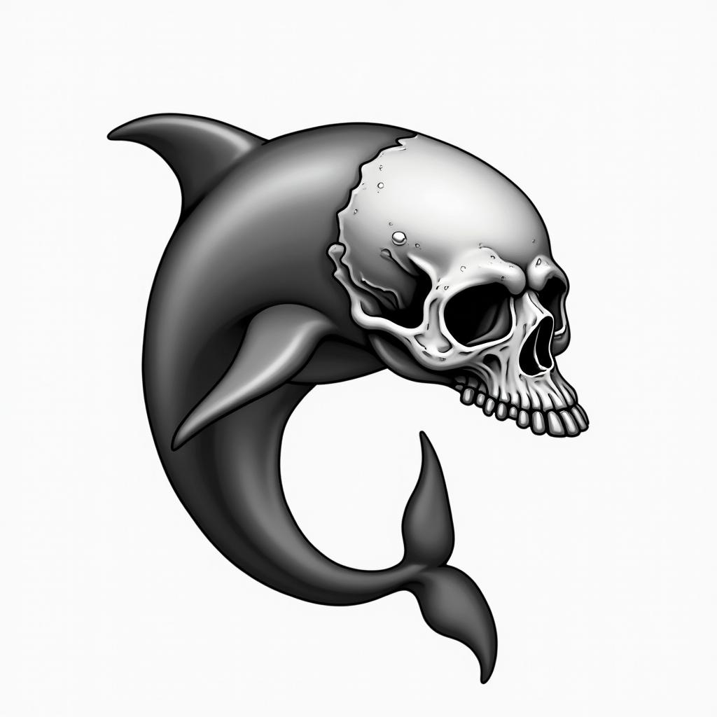 half dolphin half skullin portrait tattoo style, featuring a highly realistic and detailed depiction 
