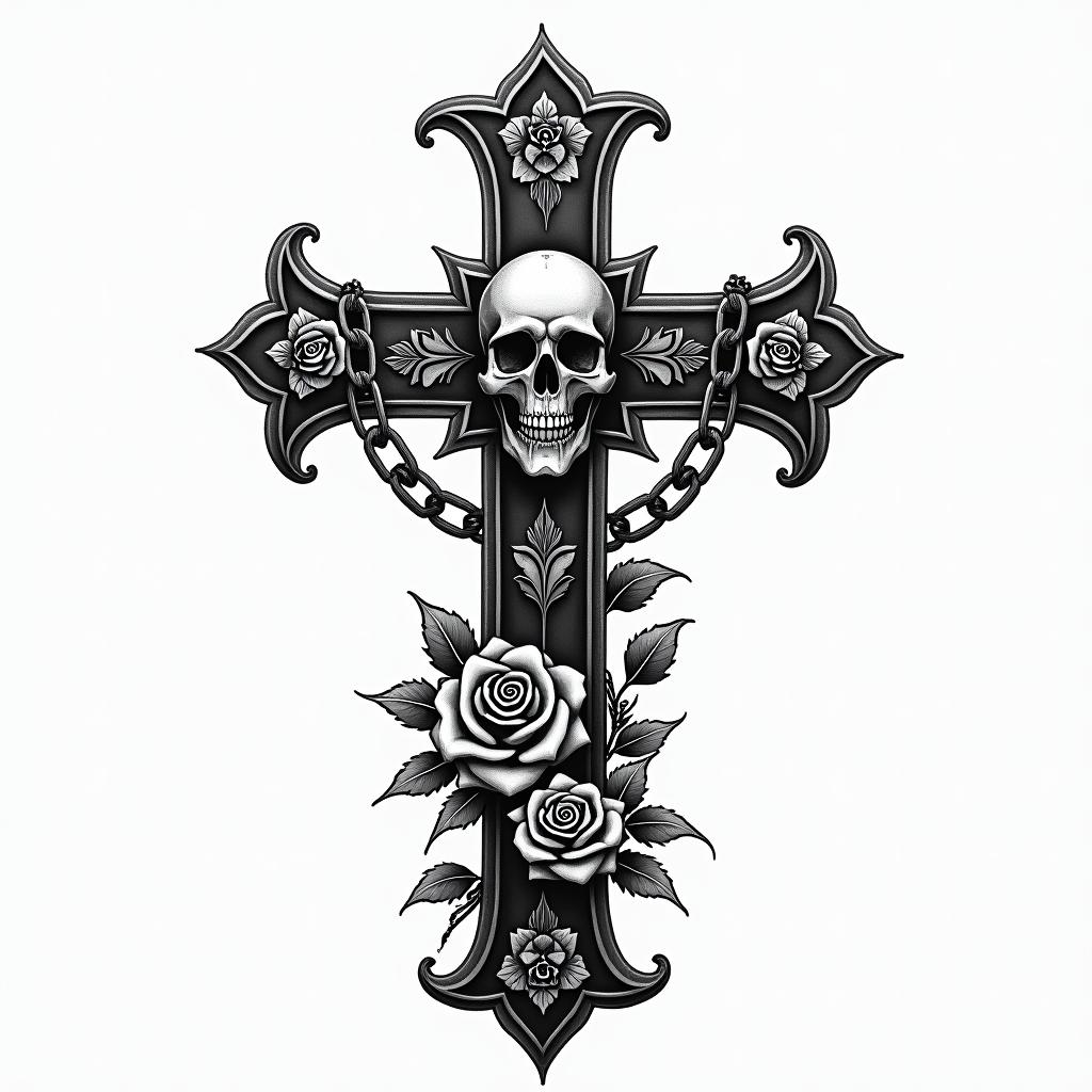 Karla, Aries, Mexicanin chicano style tattoo, featuring intricate black and grey shading, bold elements of traditional chicano culture symbols, add a big cross with skull, chains and roses