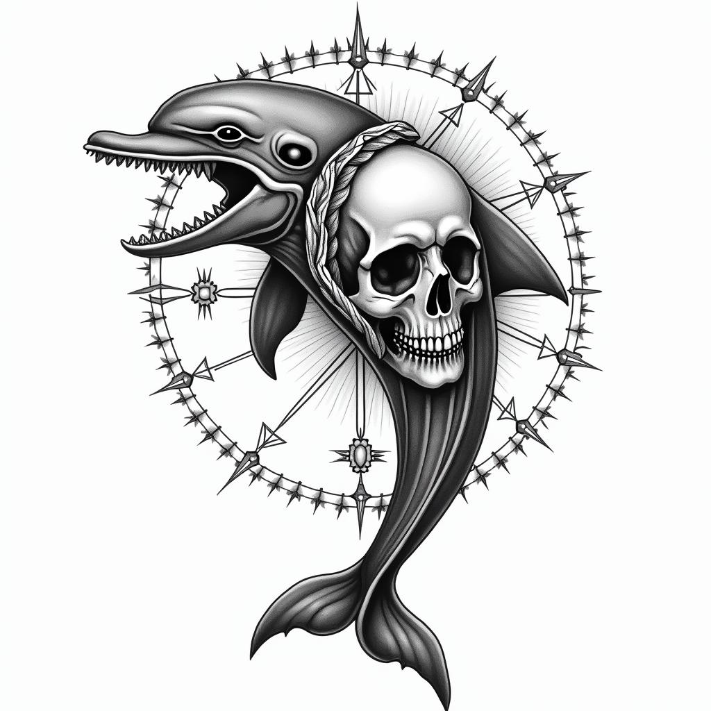 half dolphin half skullin prophecy tattoo style, featuring mystical symbols, celestial imagery like stars, moons, suns, geometric patterns, foretelling elements, an eye of wisdom - Variation 2