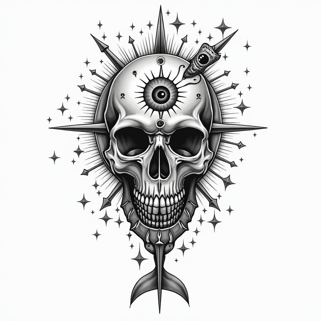 half dolphin half skullin prophecy tattoo style, featuring mystical symbols, celestial imagery like stars, moons, suns, geometric patterns, foretelling elements, an eye of wisdom - Variation 3