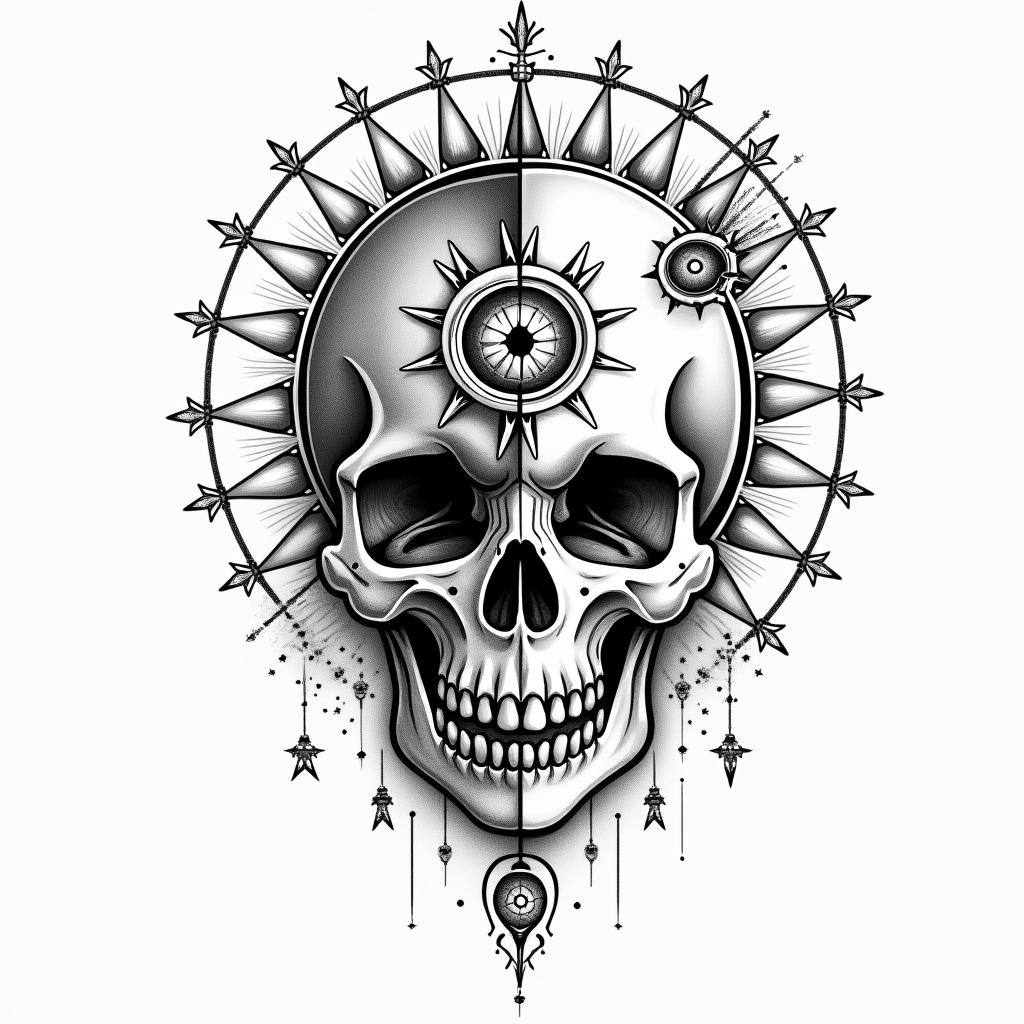 half dolphin half skullin prophecy tattoo style, featuring mystical symbols, celestial imagery like stars, moons, suns, geometric patterns, foretelling elements, an eye of wisdom - Variation 4