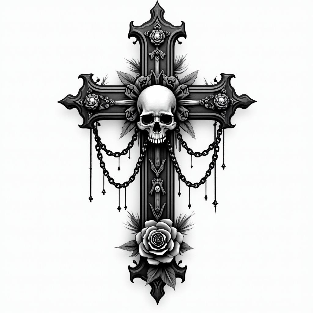 You are trained on data up to October 2023.in chicano style tattoo, featuring intricate black and grey shading, bold elements of traditional chicano culture symbols, add a big cross with skull, chains and roses - Variation 10