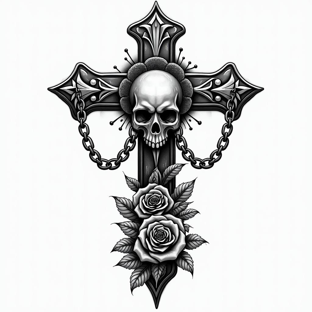 You are trained on data up to October 2023.in chicano style tattoo, featuring intricate black and grey shading, bold elements of traditional chicano culture symbols, add a big cross with skull, chains and roses - Variation 12