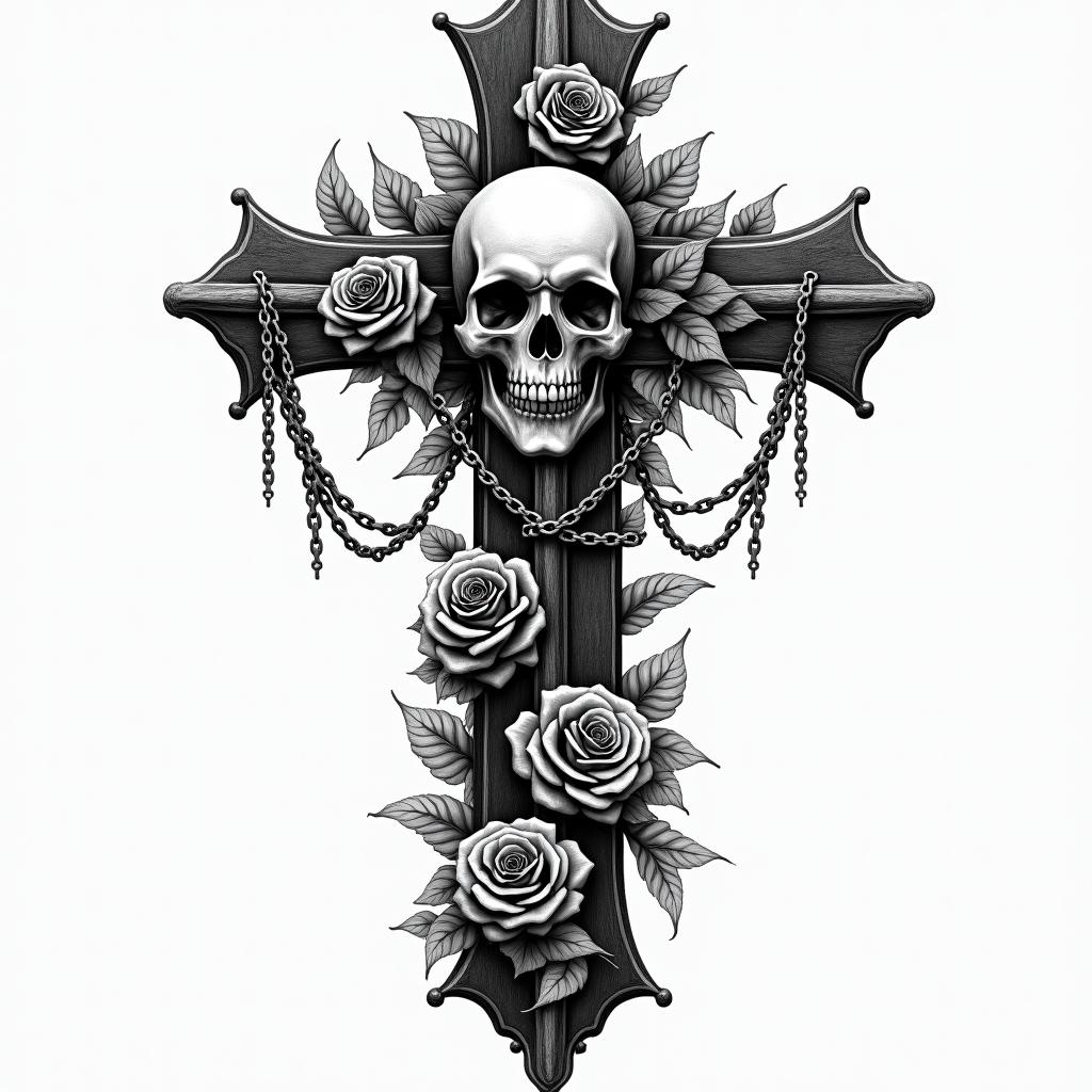 You are trained on data up to October 2023.in chicano style tattoo, featuring intricate black and grey shading, bold elements of traditional chicano culture symbols, add a big cross with skull, chains and roses - Variation 11