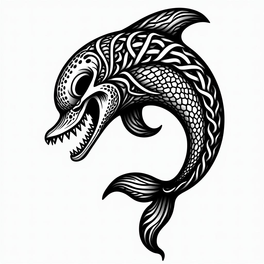 half dolphin half skullin tribal tattoo style, featuring bold and black geometric shapes, curved lines, intertwine and flow seamlessly, creating a powerful and symbolic design, polynesian and maori styles - Variation 4