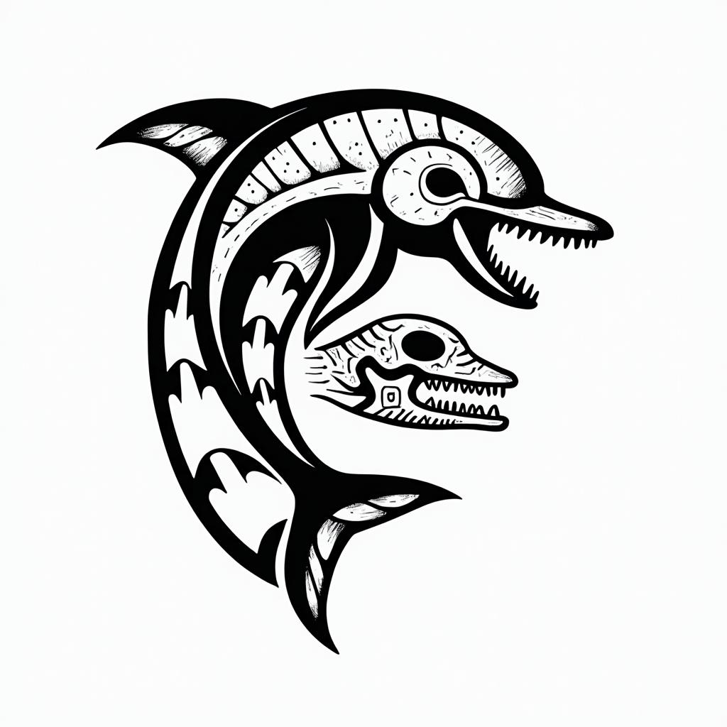 half dolphin half skullin tribal tattoo style, featuring bold and black geometric shapes, curved lines, intertwine and flow seamlessly, creating a powerful and symbolic design, polynesian and maori styles