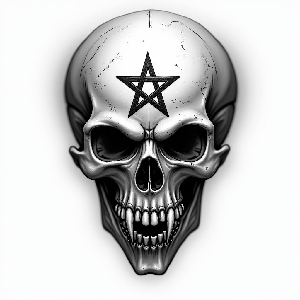 Aquariuscreepy horror tattoo style, featuring an eerie and unsettling skull of a demonic creature, distorted face with sharp fangs, add pentagram symbol - Variation 6