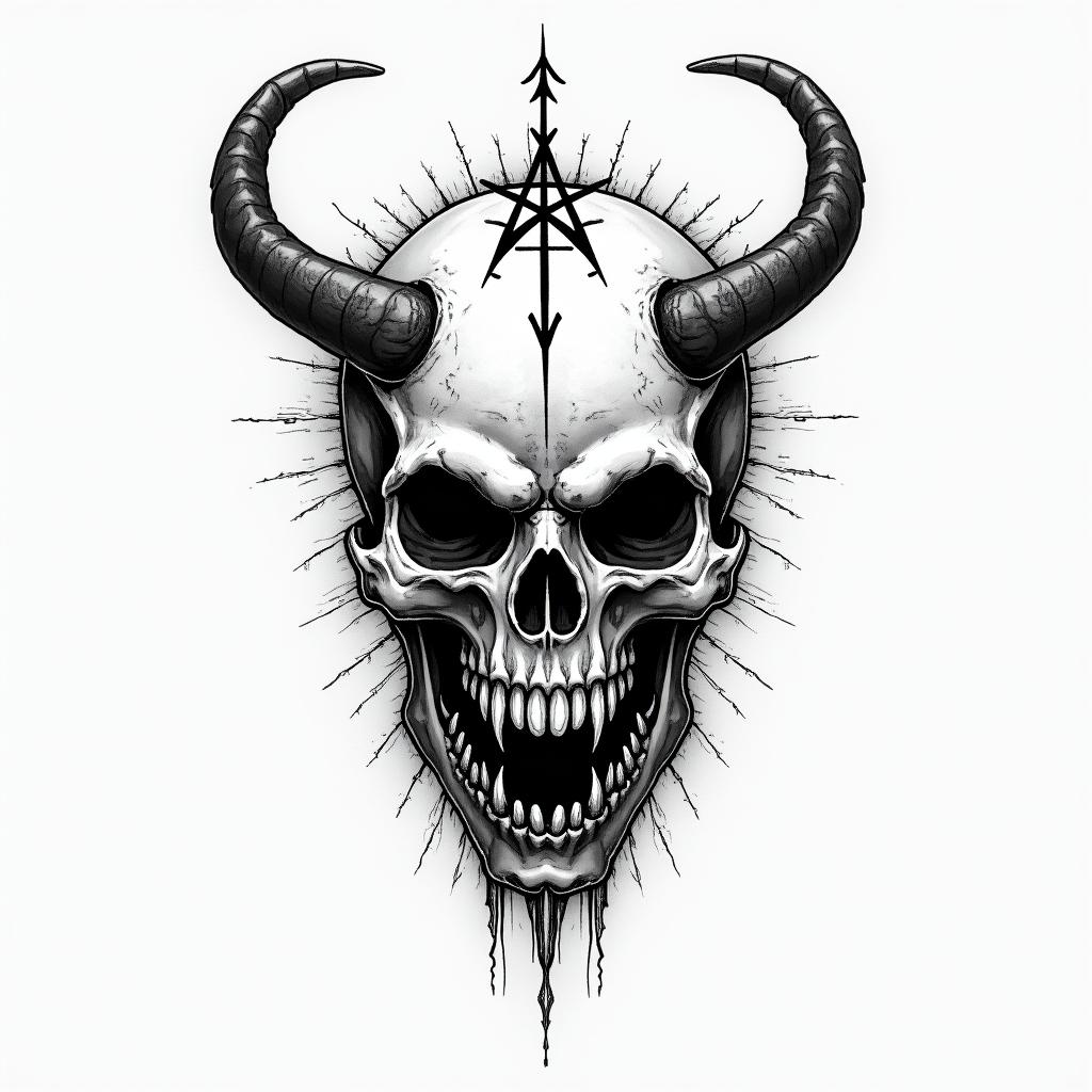 Aquariuscreepy horror tattoo style, featuring an eerie and unsettling skull of a demonic creature, distorted face with sharp fangs, add pentagram symbol - Variation 7
