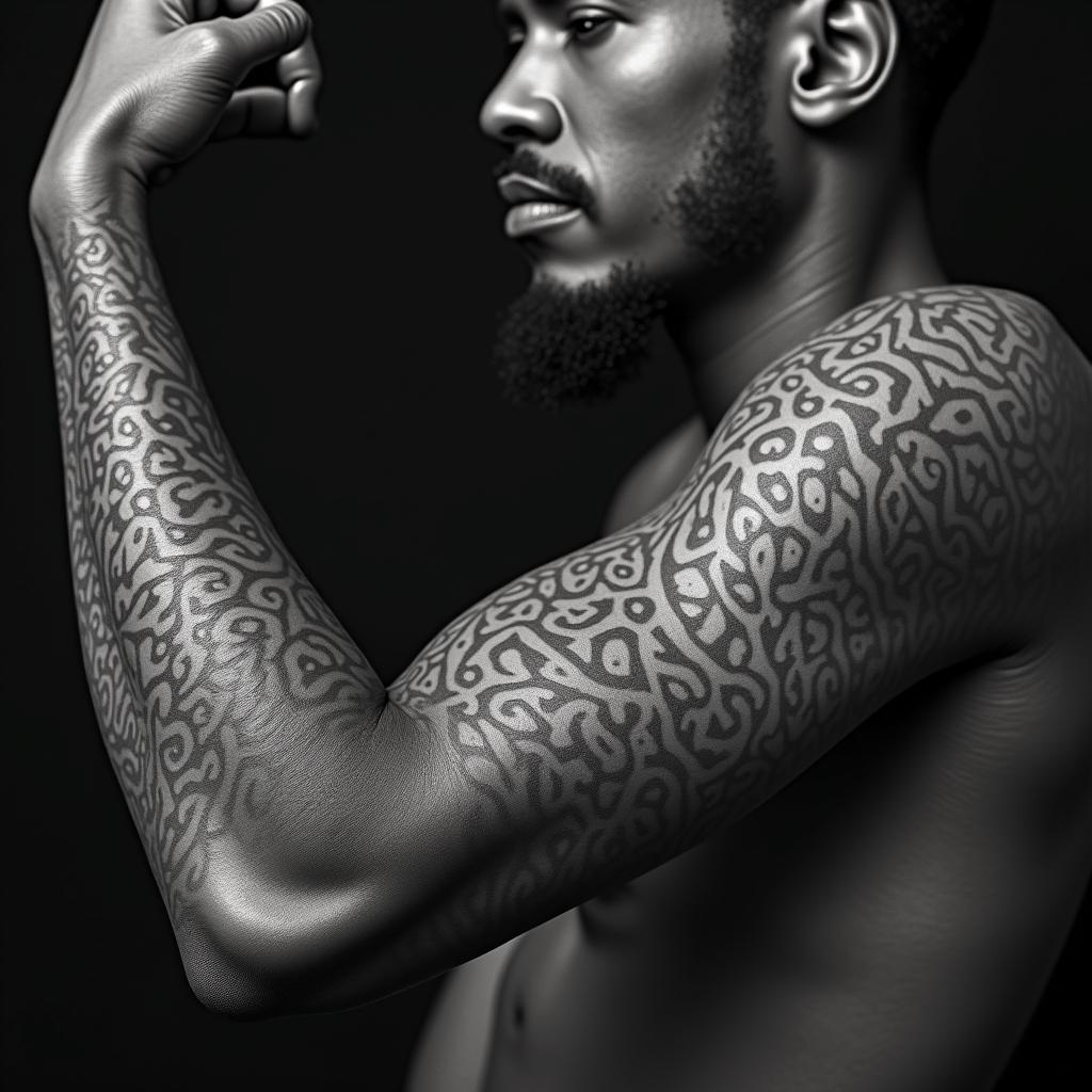 African American male, 59, army veteran, one grown son , born and raised in Comptonin dotwork style tattoo, complex mandala patterns, interlocking geometric shapes with sharp symmetry, clean lines, sharp angles - Variation 3