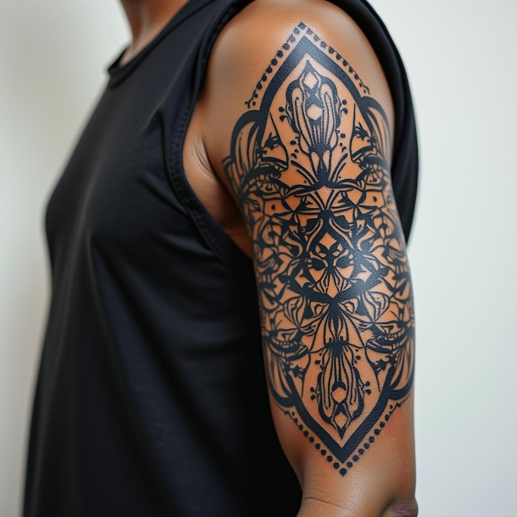 African American male, 59, army veteran, one grown son , born and raised in Comptonin dotwork style tattoo, complex mandala patterns, interlocking geometric shapes with sharp symmetry, clean lines, sharp angles - Variation 4