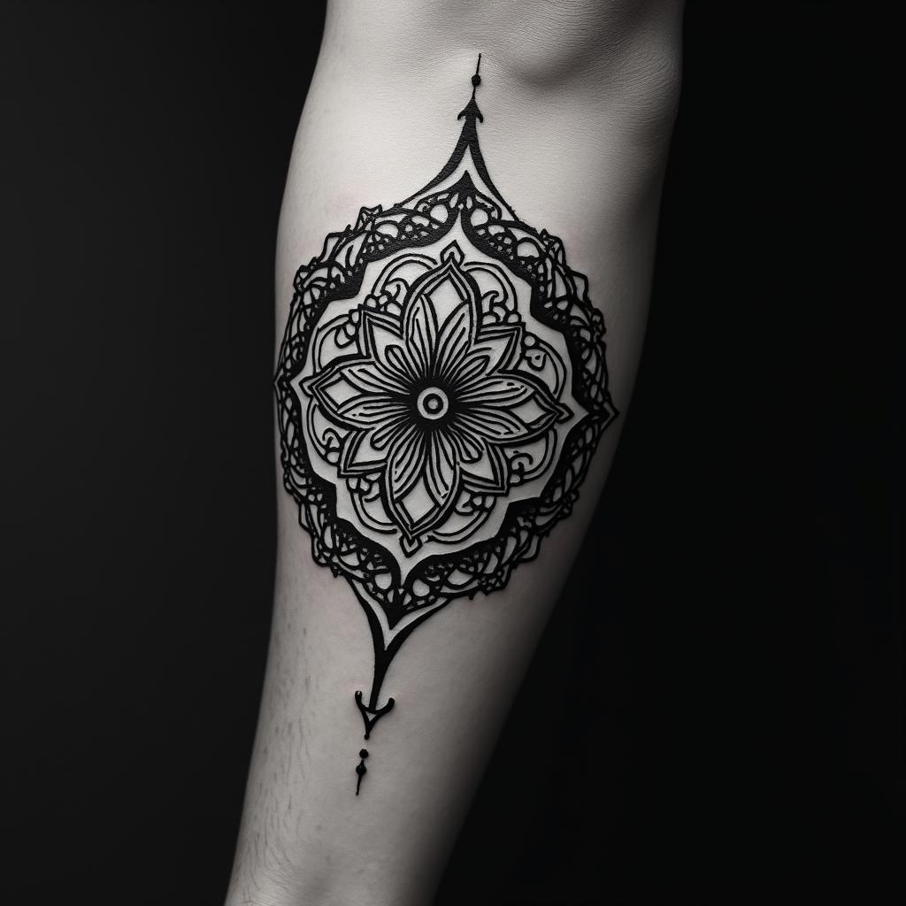 African American male, 59, army veteran, one grown son , born and raised in Comptonin dotwork style tattoo, complex mandala patterns, interlocking geometric shapes with sharp symmetry, clean lines, sharp angles